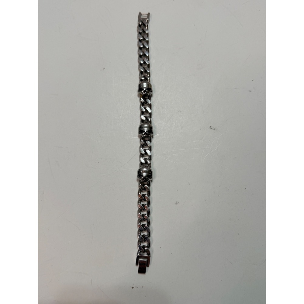 Harley-Davidson Mens Silver Tone Curb Chain Skull Bracelet Biker Jewelry